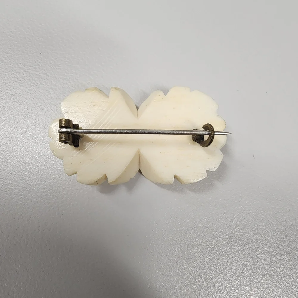 Vintage Carved Rose Brooch Creamy Off-White Double Flower Floral Pin Victorian